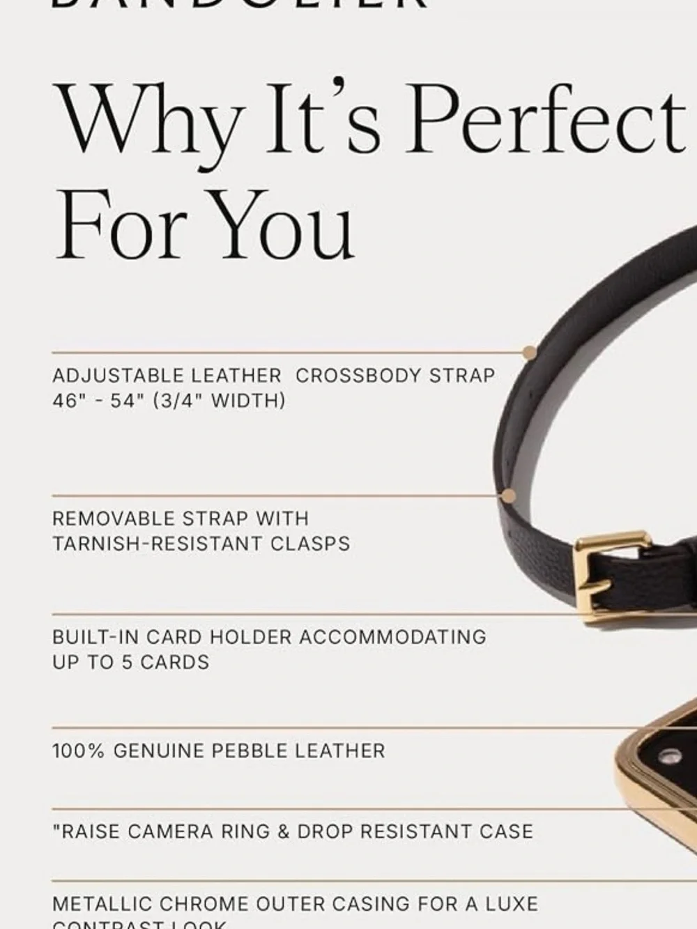 Bandolier Black Leather Crossbody Phone Case with Gold Trim